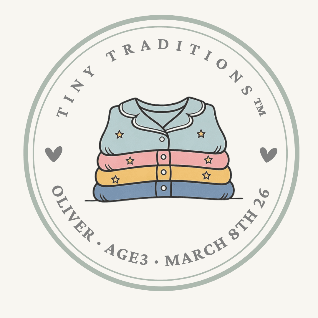 Tiny Traditions™ circular neck seal: stacked pyjamas, Oliver, age and birthday on the lower arc