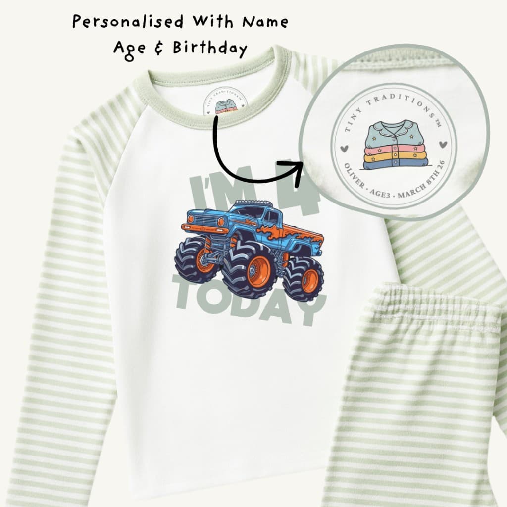 Personalised pyjamas on cream: monster truck and I’m 4 today print, with callout of Tiny Traditions neck label showing Oliver, age 3, and March 8th